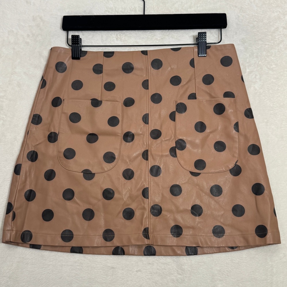 Zara Skirt Womens Medium Tan Polka Dot Faux Leather Mini A-Line Patch Pockets